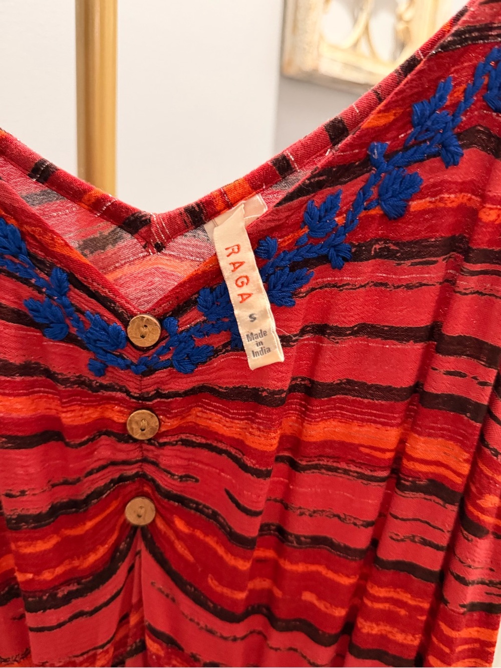 RAGA Red Maxi Dress with Blue Embroidered Trim - Picture 4 of 5